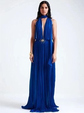 MELANIA - DEME BY GABRIELLA 
Royal Blue Halter Maxi Gown with Plunging Neckline